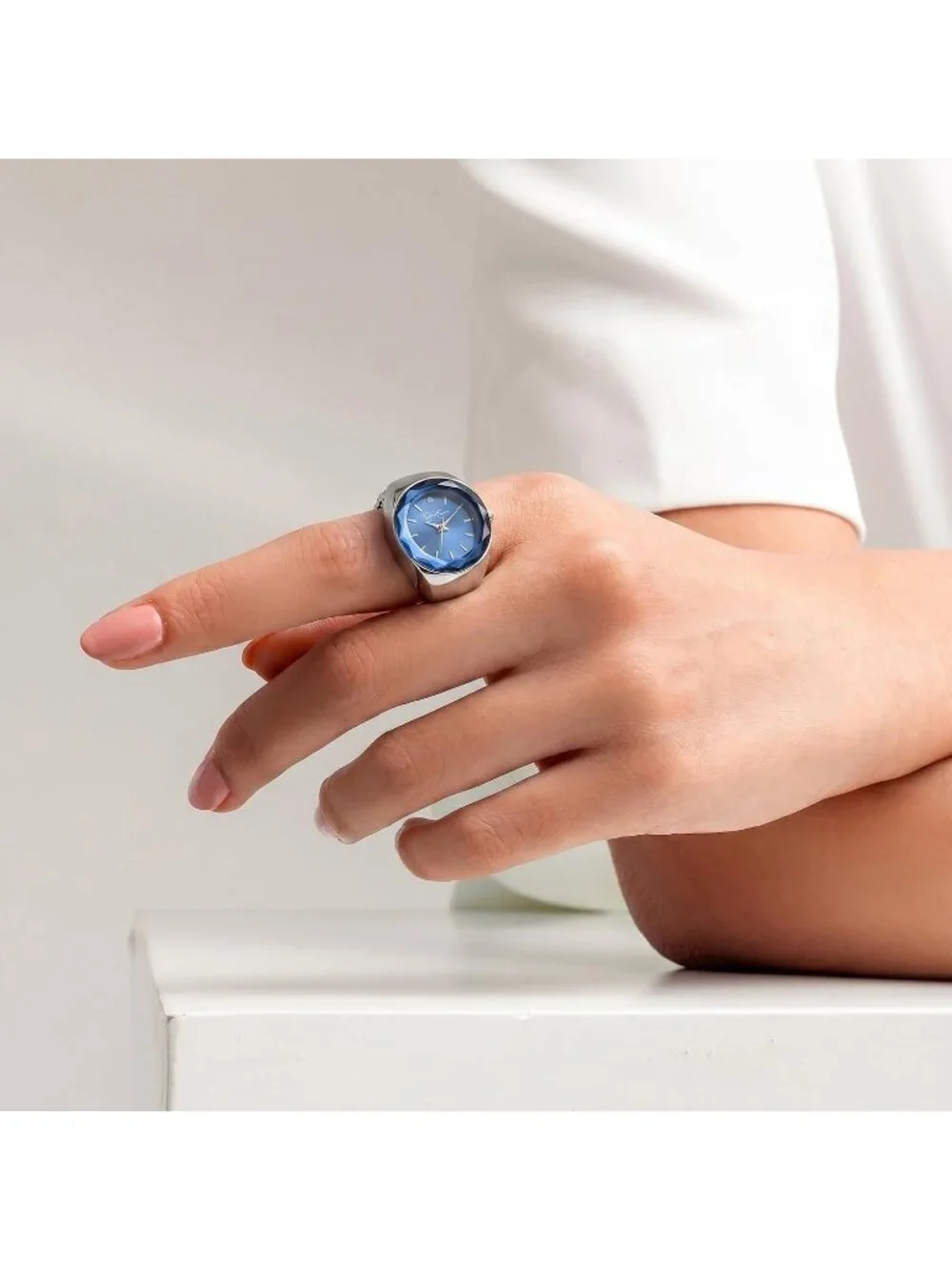 Women's Silver /Deep Blue Adjustable Ring Quartz Analog Mini Dial Wrist Watches